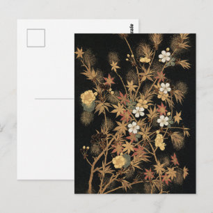 Vintage Japanese Autumn Gold Floral Black Art Postcard