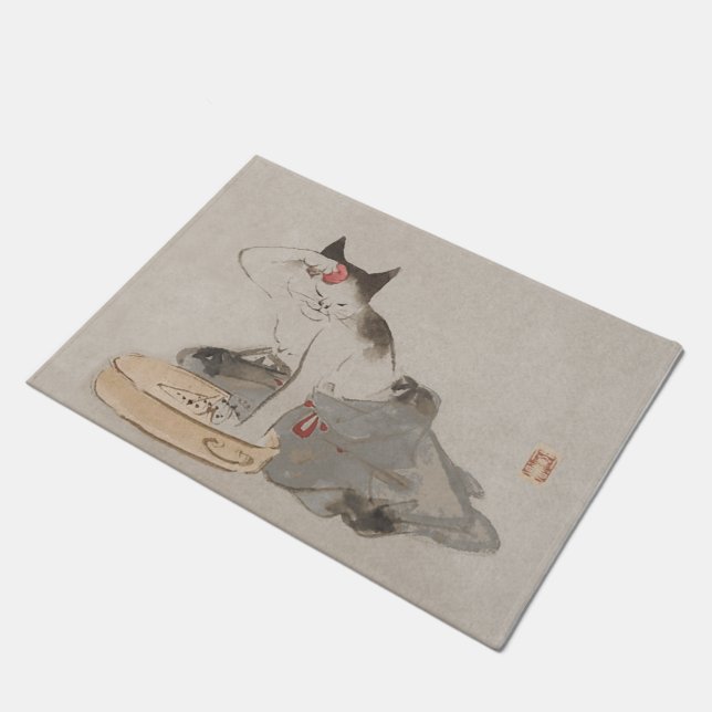 Vintage Japanese Bathing Cat Art Doormat (Angled)