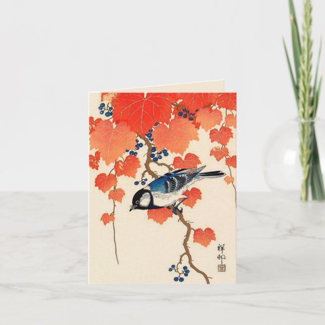 Vintage Japanese Bird and Autumn Grapevine Card (Front)