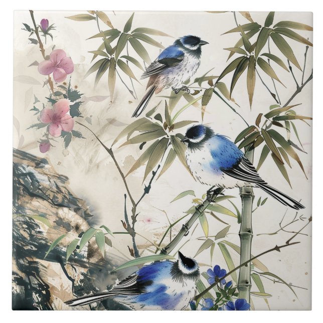 Vintage Japanese Bird Blossom Ceramic Tile (Front)