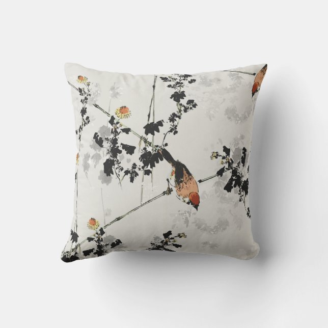 Vintage Japanese Bird Japandi Cushion (Back)