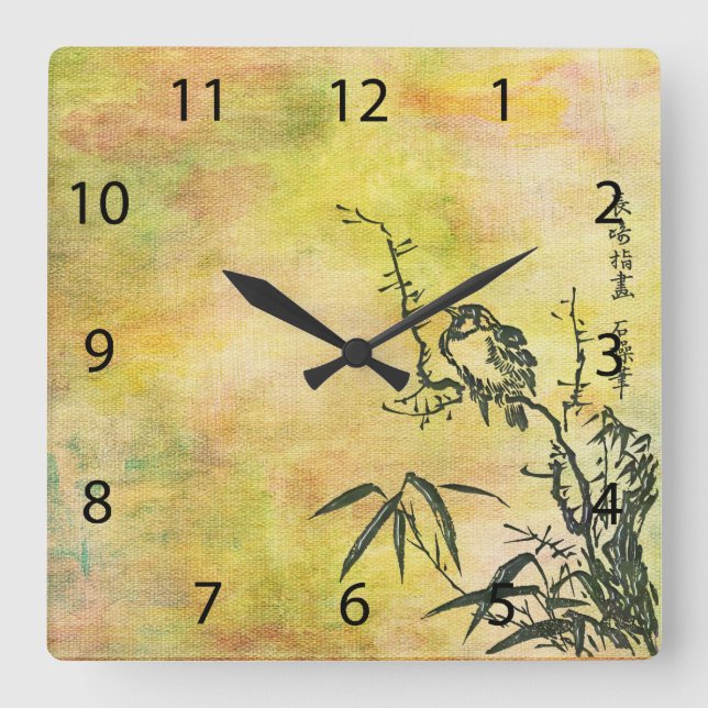 Vintage Japanese Bird Square Wall Clock (Front)