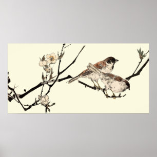 Vintage Japanese Birds And Cherry Blossoms Poster