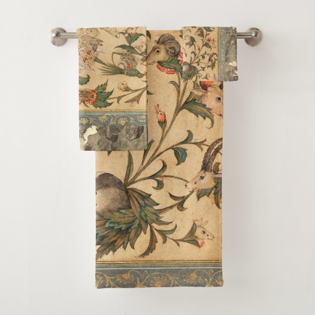 Vintage Japanese Birds Elephant Tree Floral Light Bath Towel Set (Insitu)