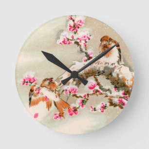 Vintage japanese birds on a branch round clock