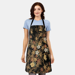 Vintage Japanese Black Gold Autumn Floral Art Apron