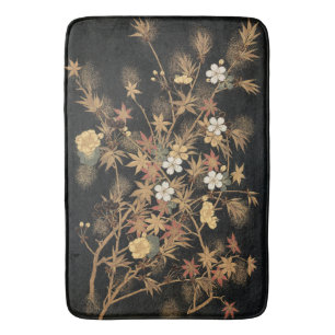 Vintage Japanese Black Gold Autumn Floral Art Bath Mat