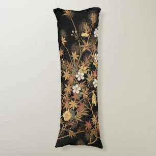 Vintage Japanese Black Gold Autumn Floral Art Body Cushion