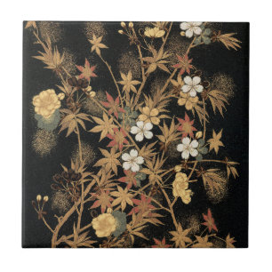 Vintage Japanese Black Gold Autumn Floral Art Ceramic Tile
