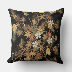 Vintage Japanese Black Gold Autumn Floral Art Cushion