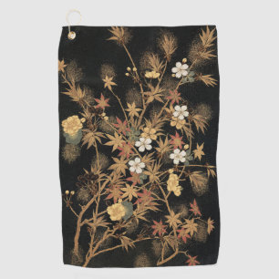 Vintage Japanese Black Gold Autumn Floral Art Golf Towel
