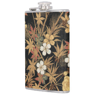 Vintage Japanese Black Gold Autumn Floral Art Hip Flask