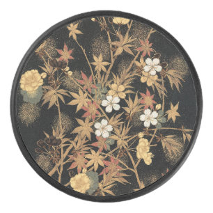 Vintage Japanese Black Gold Autumn Floral Art Hockey Puck