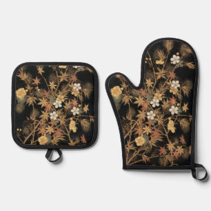Vintage Japanese Black Gold Autumn Floral Art Oven Mitt & Pot Holder Set