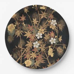 Vintage Japanese Black Gold Autumn Floral Art Paper Plate