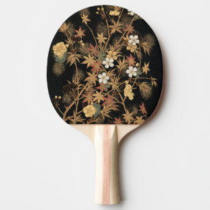 Vintage Japanese Black Gold Autumn Floral Art Ping Pong Paddle