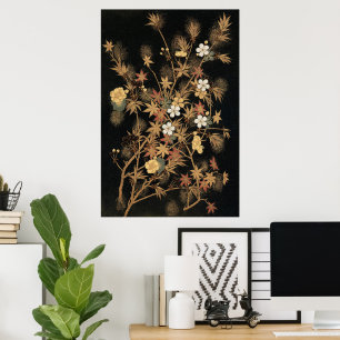 Vintage Japanese Black Gold Autumn Floral Art Poster
