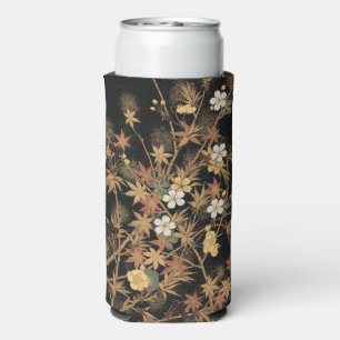Vintage Japanese Black Gold Autumn Floral Art Seltzer Can Cooler