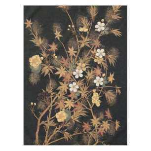 Vintage Japanese Black Gold Autumn Floral Art Tablecloth