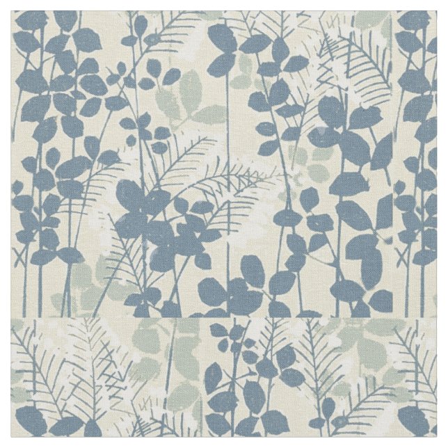 Vintage Japanese Blue Botanical: Cream Leaf Fern Fabric (Close Up)