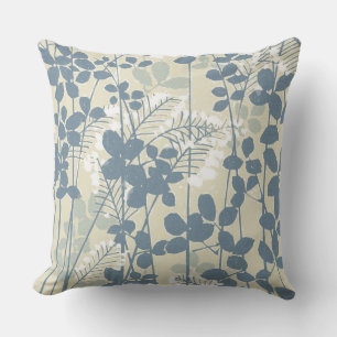 Vintage Japanese Blue Botanical: Cream Leaf Fern Outdoor Cushion