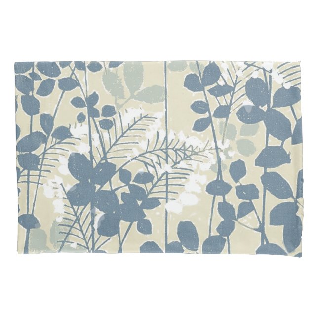 Vintage Japanese Blue Botanical: Cream Leaf Fern Pillowcase (Front)