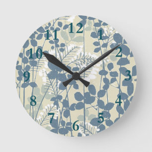 Vintage Japanese Blue Botanical: Cream Leaf Fern Round Clock
