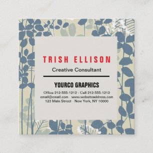 Vintage Japanese Blue Botanical: Cream Leaf Fern Square Business Card