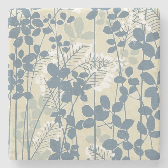 Vintage Japanese Blue Botanical: Cream Leaf Fern Stone Coaster (Front)