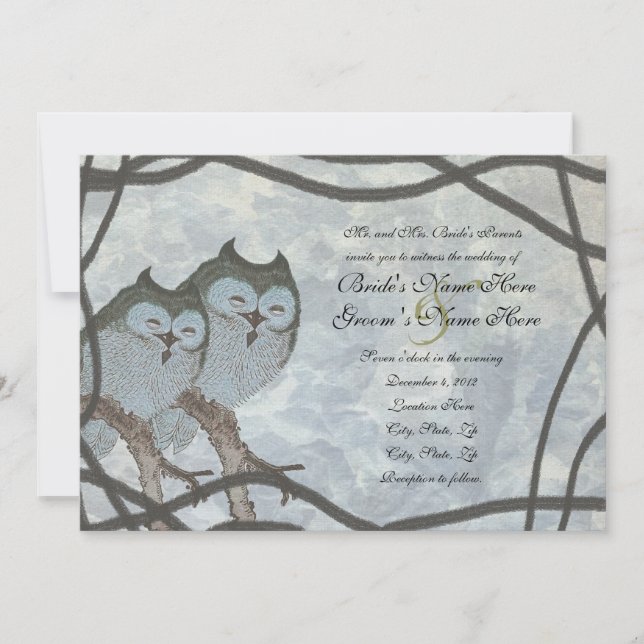 Vintage Japanese Blue Owl Wedding Invitation (Front)