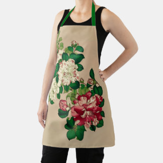 Vintage Japanese Camellias. Deep Pink on Beige Apron