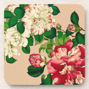 Vintage Japanese Camellias. Deep Pink on Beige Coaster