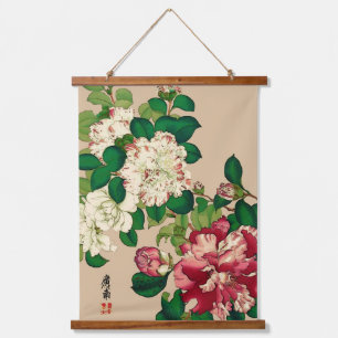 Vintage Japanese Camellias. Deep Pink on Beige  Hanging Tapestry