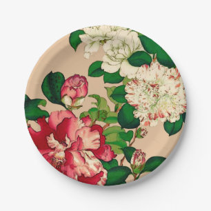 Vintage Japanese Camellias. Deep Pink on Beige Paper Plate