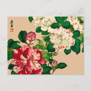Vintage Japanese Camellias. Deep Pink on Beige Postcard