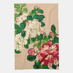 Vintage Japanese Camellias. Deep Pink on Beige   Tea Towel