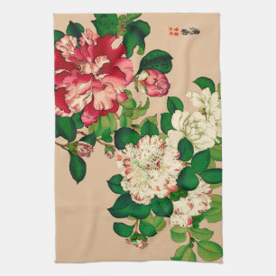 Vintage Japanese Camellias. Deep Pink on Beige Tea Towel