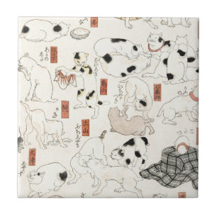 Vintage Japanese Cat Art Ukiyoe Woodblock Print Ceramic Tile