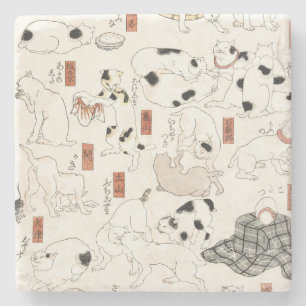 Vintage Japanese Cat Art Ukiyoe Woodblock Print Stone Coaster
