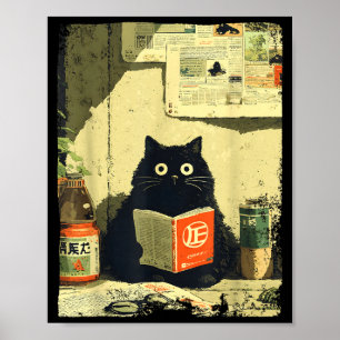 Vintage Japanese Cat Book Lovers Librarian Cat Dad Poster
