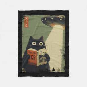 Vintage Japanese Cat Book Lovers Ufo Alien Abducti Fleece Blanket