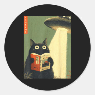 Vintage japanese cat book lovers ufo alien classic round sticker