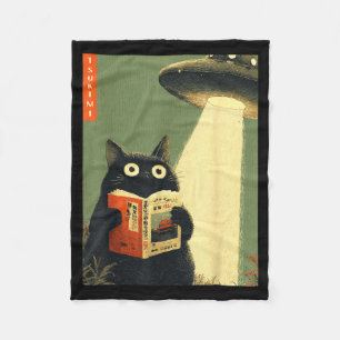 Vintage japanese cat book lovers ufo alien fleece blanket