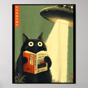 Vintage japanese cat book lovers ufo alien poster