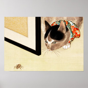 Vintage Japanese Cat Watching Spider Art Poster