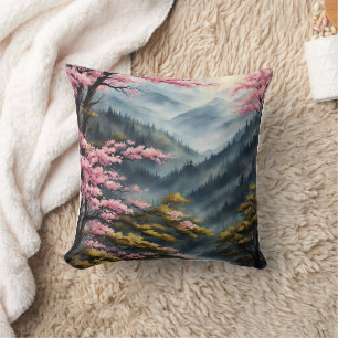 Vintage Japanese Cherry Blossom Forest Watercolor Cushion