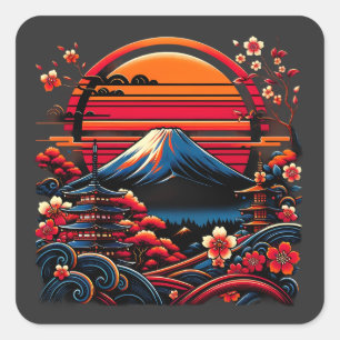 Vintage Japanese Cherry Blossom Sakura Mount Fuji Square Sticker
