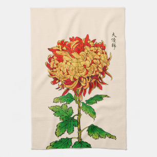 Vintage Japanese Chrysanthemum. Mustard Gold  Tea Towel