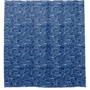 Vintage Japanese Clouds, Cobalt Blue and White Shower Curtain