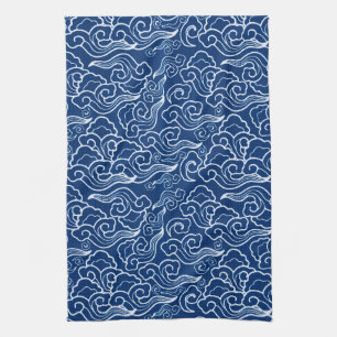 Vintage Japanese Clouds, Cobalt Blue and White Tea Towel